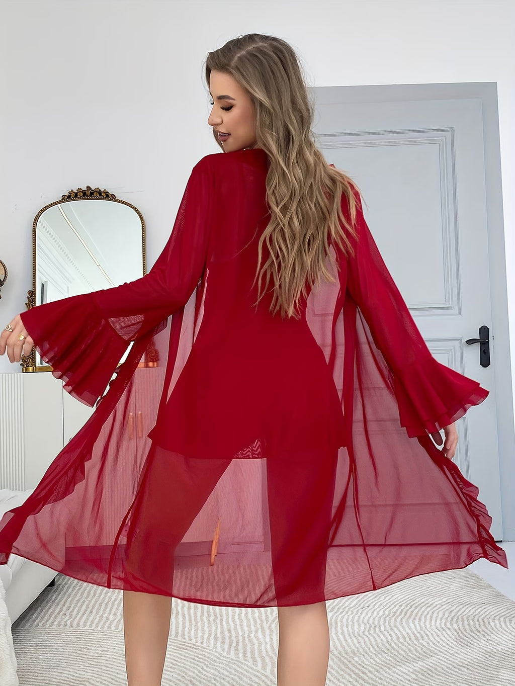 Crimson women's nightgown set with matching kimono