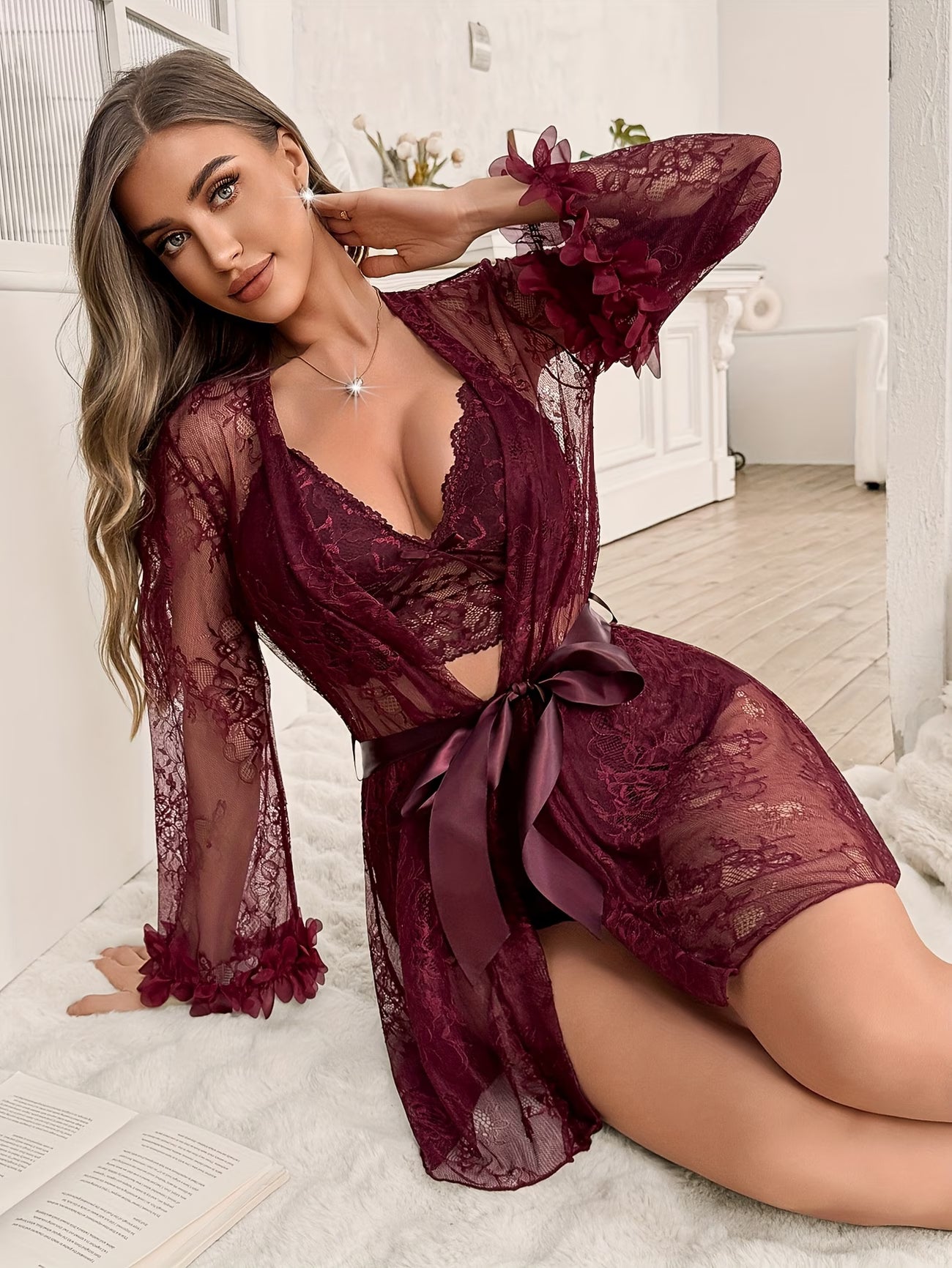 Ensemble lingerie femme 4 pièces en dentelle bordeaux
