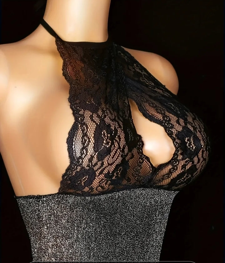 Robe Courte Dentelle &amp; Maille Brillante