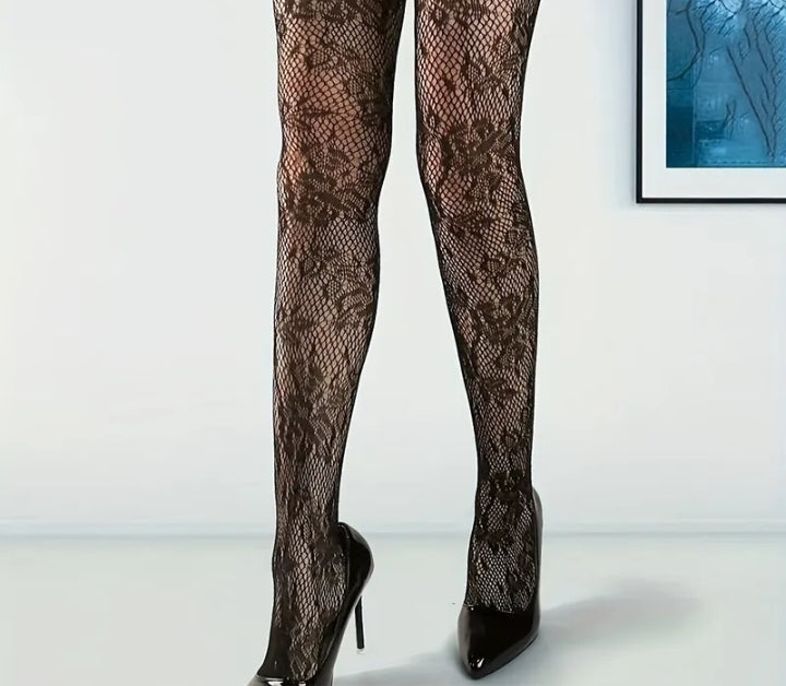 Floral patterned fine knit tights