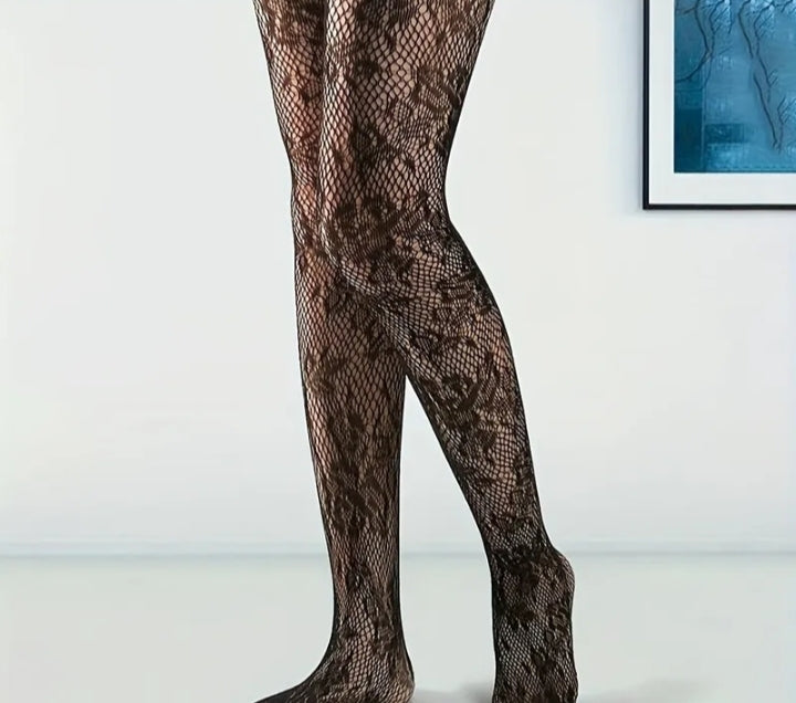 Floral patterned fine knit tights