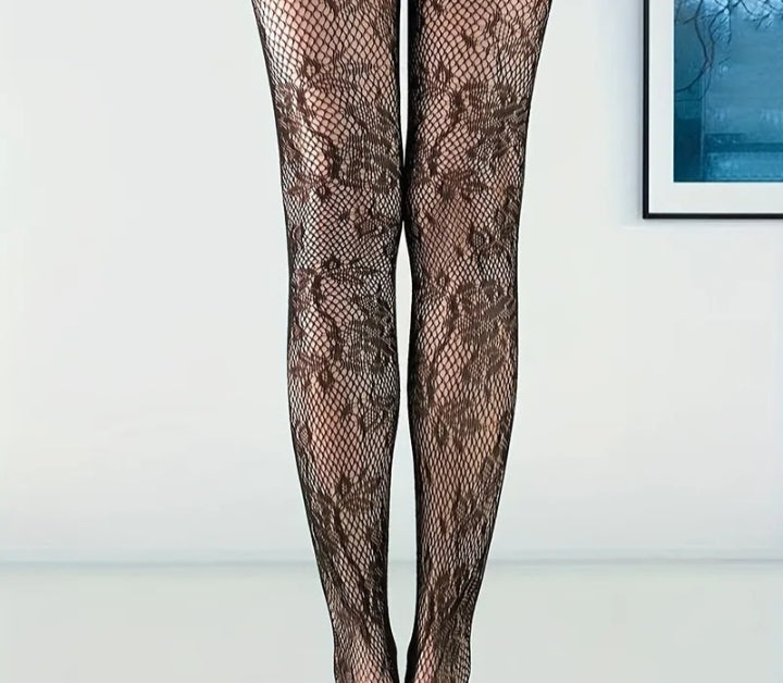 Floral patterned fine knit tights