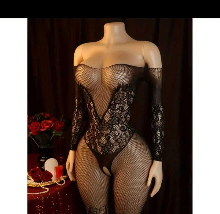 Body en dentelle et résille – manches longues