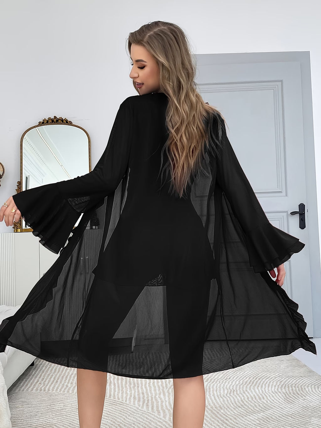 Women's black nightgown set with matching kimono