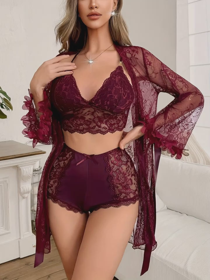 Ensemble lingerie femme 4 pièces en dentelle bordeaux